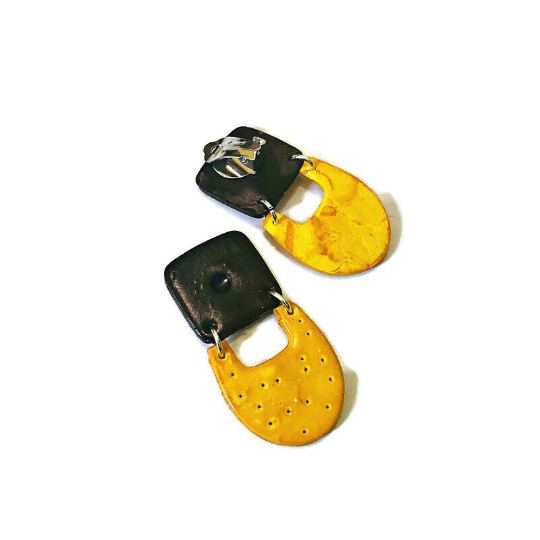 Black & Yellow Clip On Earrings for Non Pierced Ears- "Val"